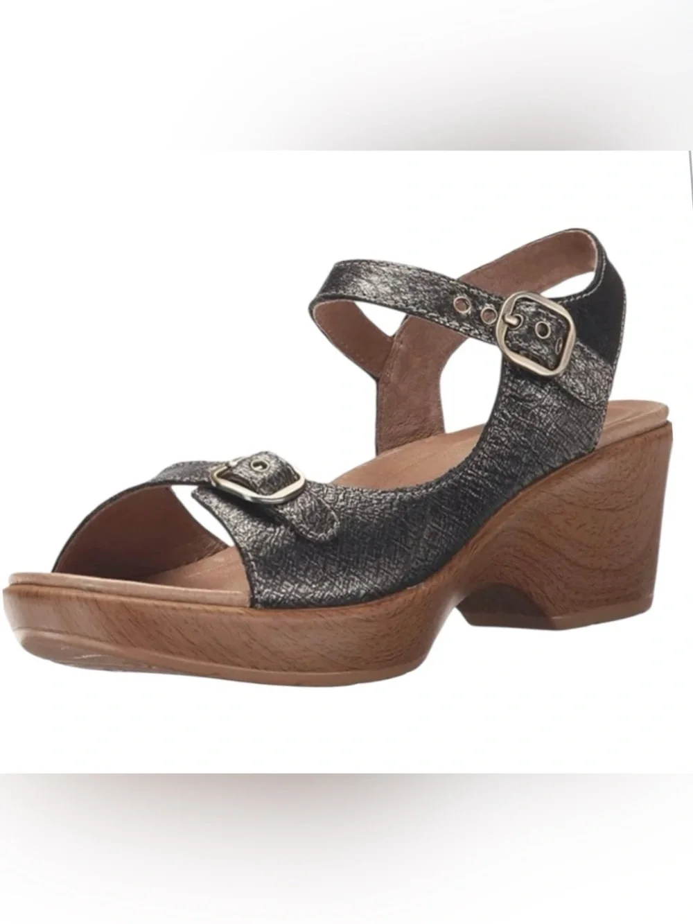 Dansko Joanie women’s 39 pewter brushed burnished metallic wedge sandals